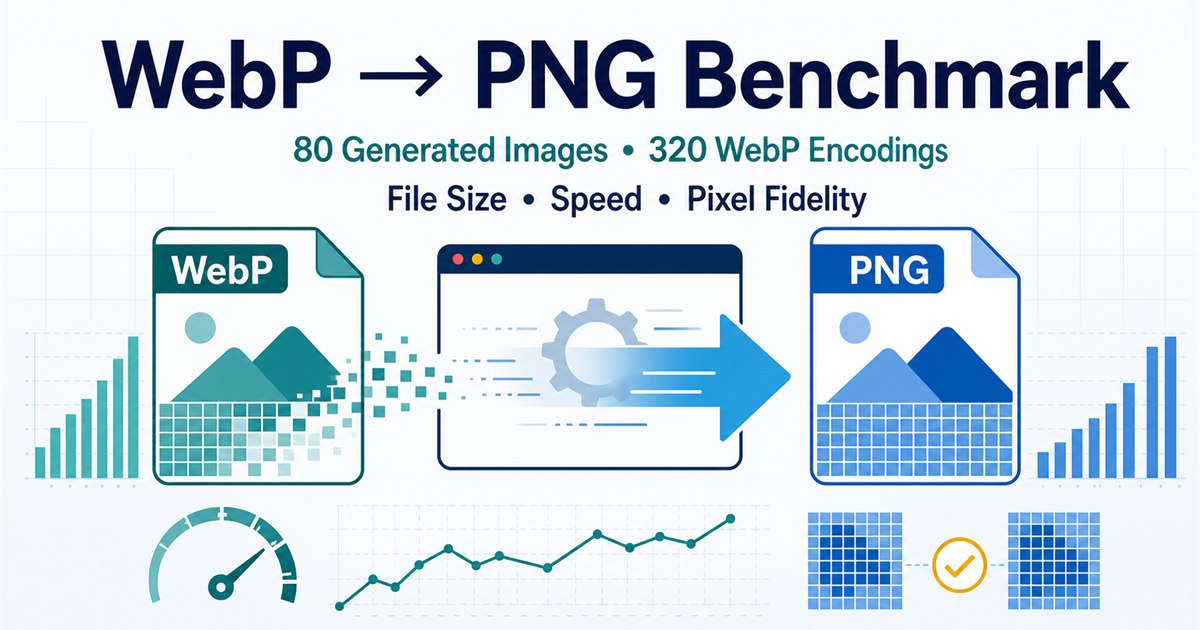 WebP to PNG benchmark across 80 generated images and 320 WebP encodings